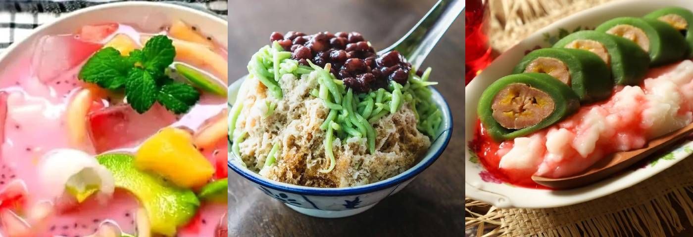Iced indonesian desserts - from left to right: es campur, cendal and pisang hijau
